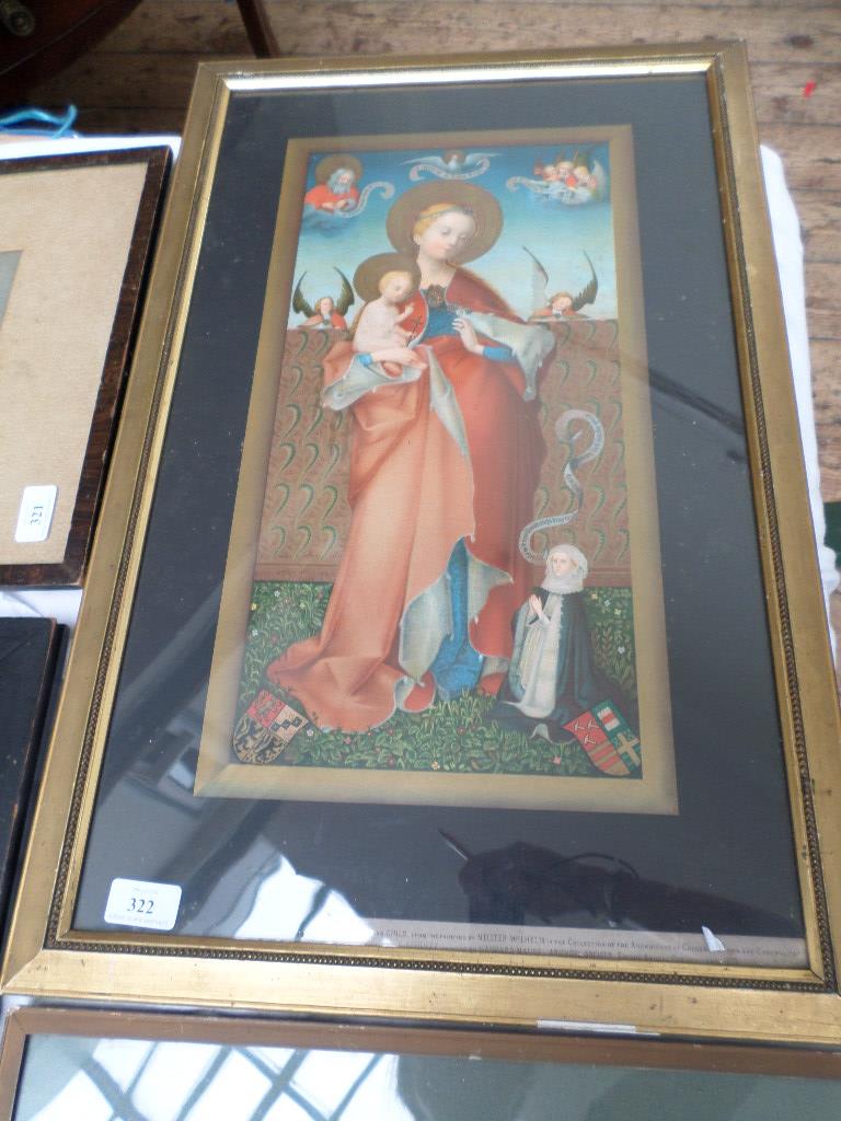 Large gilt framed coloured religious print of the Virgin and Child after the painting by Meister