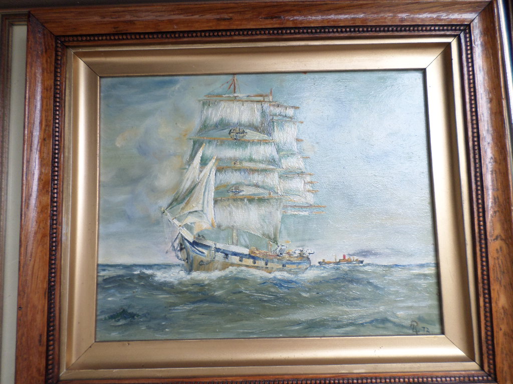 Framed oil on canvas of a boat in full sail, miniature silhouettes etc.