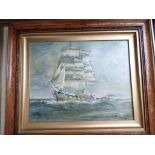 Framed oil on canvas of a boat in full sail, miniature silhouettes etc.