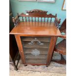 Mahogany 5 shelf storage cupboard on casters inset glazed door,