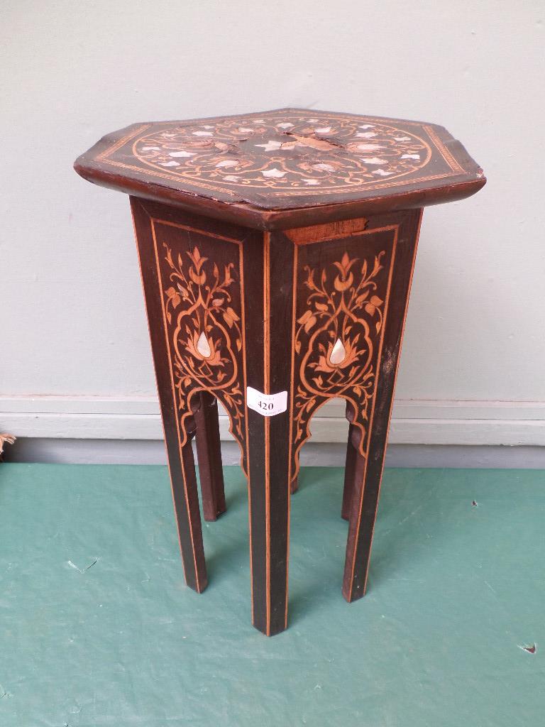 Small Asian side table inlaid in box wood and mother of pearl on 6 straight plain feet