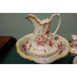 5 Piece white ground pink convolvulus chamber set of jug and bowl with gazunda and two other