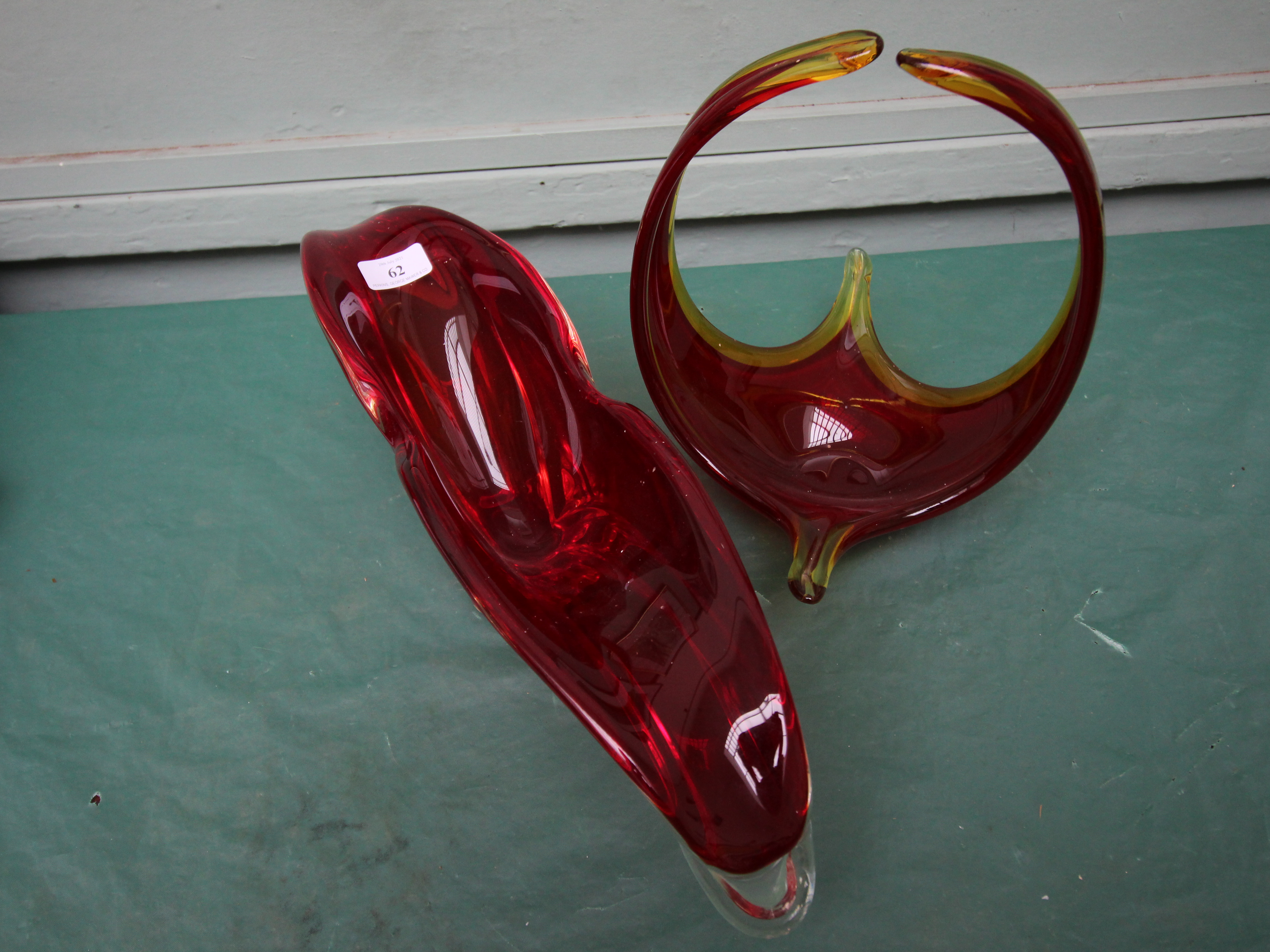 2 ornate red studio glass vases