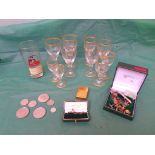 Magpie lot including Harry Secombe Berlin glass, matching liqueur, sherry and wines, QE2 crowns, etc