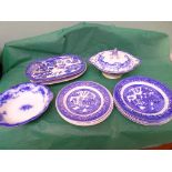 Selection of willow patterned and other blue and white ware including a Burleigh ware 'Sylvan' dish