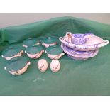 6 green wheat lidded bowls, blue and white ware including Copeland Spode plate, etc