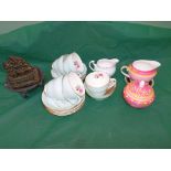 Gilt framed flower print and part Adderley bone china blue and part pink tea service (26 pieces)