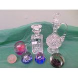 5 various glass paperweights, Stewart crystal tantalus spirit decanter and cut-glass port decanter