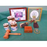 Magpie lot including 3 lidded Wade storage jars, framed prints, miniature brass fire irons etc