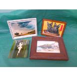 Oak framed signed watercolour of beached fishing boats etc (4 pieces)