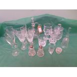 Tray of mixed principally cut-glass including 4 sherry glasses, biscuit barrel, pair condiments etc