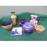 2 Caithness glass flower vases, Delft windmill tile, blue Maling ware lidded biscuit casket, etc