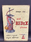 An unusual design Redex pictorial tin advertising sign, 17 1/2 x 25".
