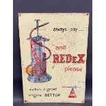 An unusual design Redex pictorial tin advertising sign, 17 1/2 x 25".