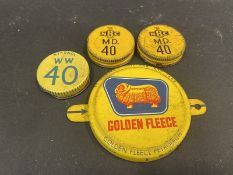 A Golden Fleece oil jar cap, two NBC oil bottle caps and another for Sternol.