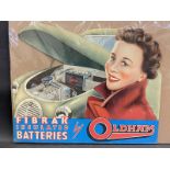 An Oldham Fibrak Insulated Batteries die-cut pictorial showcard, 19 x 15 1/2".