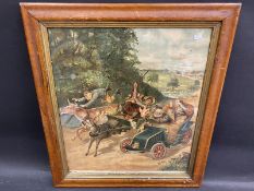 An Edwardian maple framed motoring print titled 'When Papa Drives the Motor', 19 3/4 x 22 1/2".
