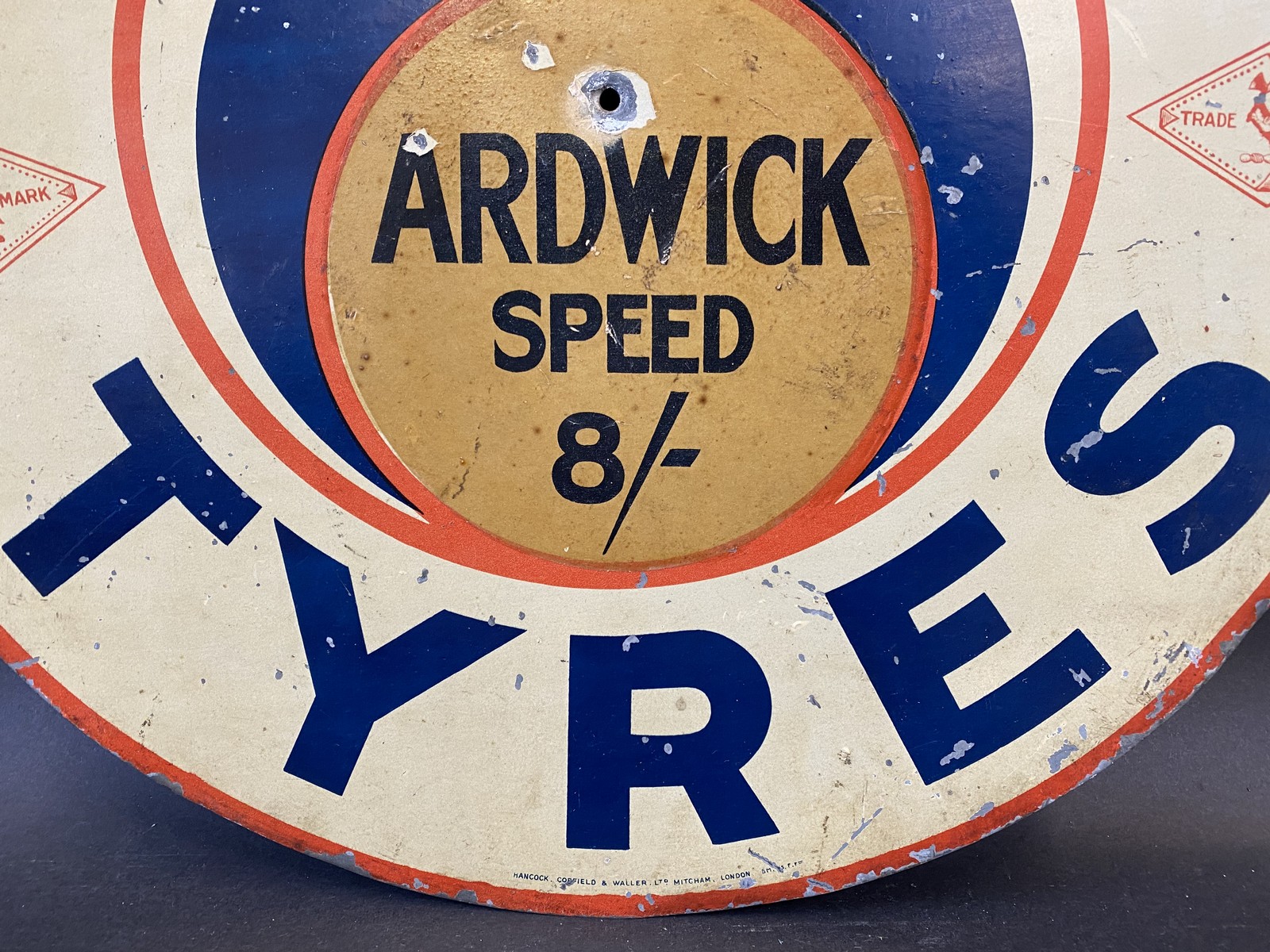 A rare single sided Moseley Tyres aluminium circular sign, advertising Ardwick speed 8/-, in good - Image 2 of 4