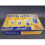 An Endura Lamps rectangular dispensing tin with a complete set of boxed bulbs inside.