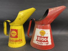 A Shell X-100 Motor Oil half gallon measure dated 1965 and a Shell Lubricants quart measure, dated
