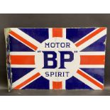 A BP Motor Spirit Union Jack double sided enamel sign with hanging flange, by Franco, 24 x 16".