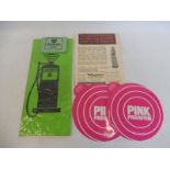 Two original Pink Paraffin stickers, an advertisement for the Wayne 800 petrol pump, a BP Energol