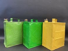 Three 2 gallon petrol cans, comprising Pratts, National Benzole and Power.