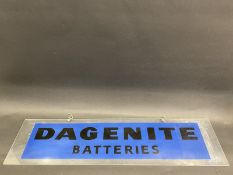 A Dagenite Batteries rectangular perspex advertising sign on hanging chains, 36 x 9".