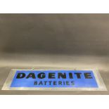 A Dagenite Batteries rectangular perspex advertising sign on hanging chains, 36 x 9".