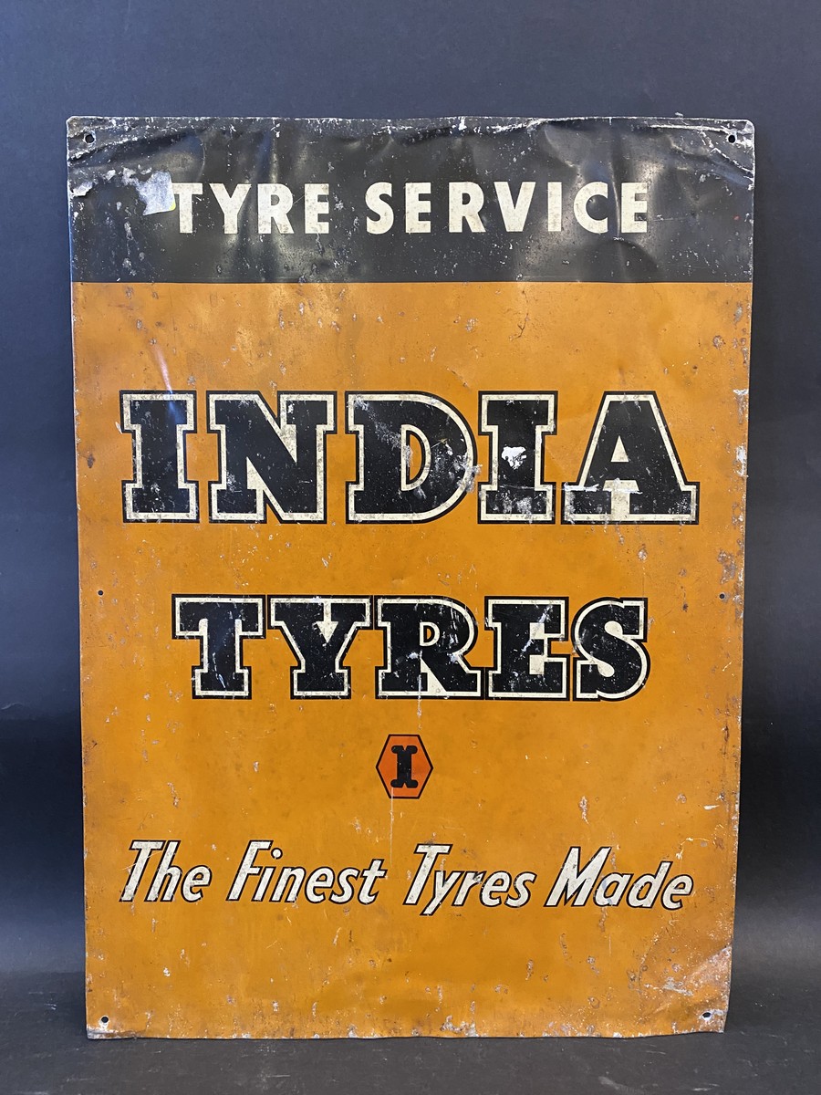 An India Tyres rectangular tin advertising sign, 19 1/2 x 14".