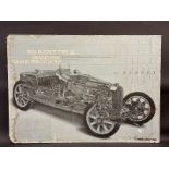 A large pictorial poster for 1977 depicting a 1924 Bugatti Type 35, 40 1/2 x 29".
