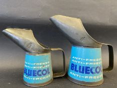 A Bluecol Anti-Freeze pint measure dated 1963 and a matching half pint version, dated 1964.