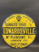 A circular AA road/village sign for Edwardsville, by Franco, restored, 30" diameter.