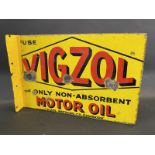 A Vigzol Motor Oil double sided enamel sign with hanging flange, bearing the word 'Vigzol Refining