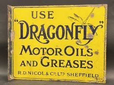 A rare Dragonfly Motor Oils and Greases double sided enamel sign with hanging flange, 17 1/2 x 14".
