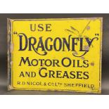 A rare Dragonfly Motor Oils and Greases double sided enamel sign with hanging flange, 17 1/2 x 14".