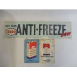 An Esso Anti-Freeze window banner, 24 x 6" plus two Esso Anti-Freeze radiator capacity guides.