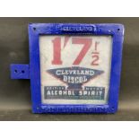 A reproduction petrol pump price tag in Cleveland branding.
