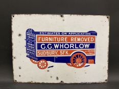 A small pictorial enamel sign advertising a furniture removal company G.G.Whorlow, Sudbury, with