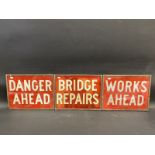 Three brass framed glass road sign inserts - Works Ahead, Bridge Repairs and Danger Ahead, each 12