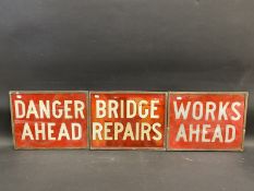 Three brass framed glass road sign inserts - Works Ahead, Bridge Repairs and Danger Ahead, each 12