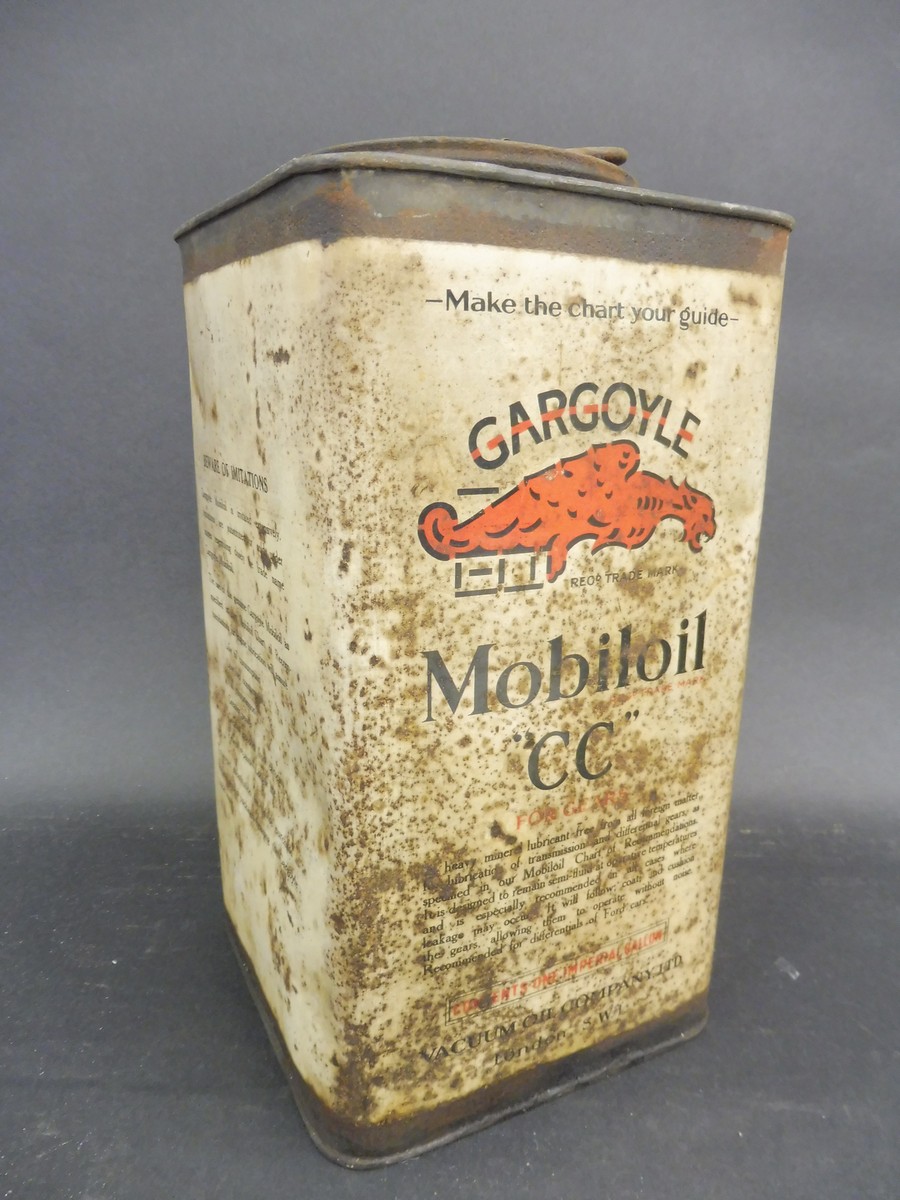 A Mobiloil CC Grade square gallon can.