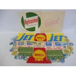 A quantity of garage new old stock stickers including Shell, Castrol, Jet and Cleveland.