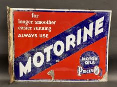 A Price's Motorine Motor Oils double sided enamel sign with hanging flange, by Bruton of Palmers