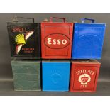 Six 2 gallon petrol cans including Shellmex and Esso.