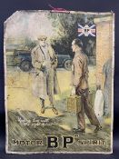 An early BP Motor Spirit pictorial showcard depicting a gentleman collecting two cans of fuel, 18