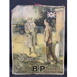 An early BP Motor Spirit pictorial showcard depicting a gentleman collecting two cans of fuel, 18