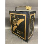 A Shell Aviation Spirit two gallon petrol can with correct Shell brass cap, restored.