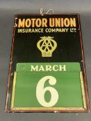A Motor Union Insurance Company Ltd tin fronted calendar with a full set of month and day metal