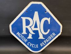 An RAC Motor Cycle Repairer lozenge shaped double sided enamel sign, in very good condition, 16 x